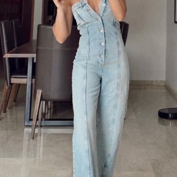 NWT Zara TRF Strapless Off Shoulder Denim Jumpsuit Size XS - Picture 2 of 16